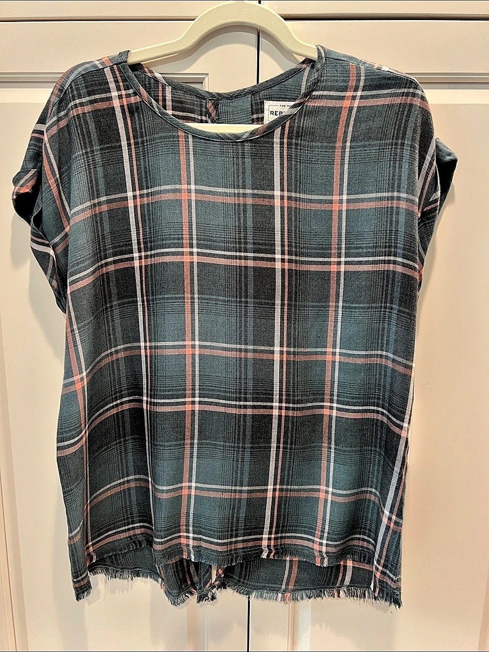 For the Republic Plaid Fringe Hem Top in Blue & Black Size Small NWT
